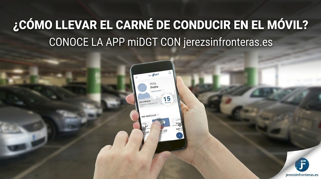 Persona sosteniendo un smartphone en un aparcamiento que muestra en pantalla la aplicación miDGT con el carné de conducir digital sobre un fondo de coches desfocados.