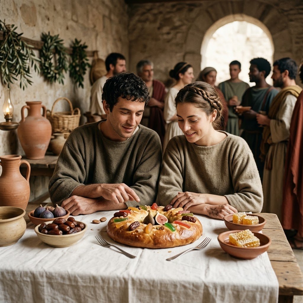 Recreación de una festividad romana con tortas tradicionales de higos y dátiles decoradas con motivos de la época