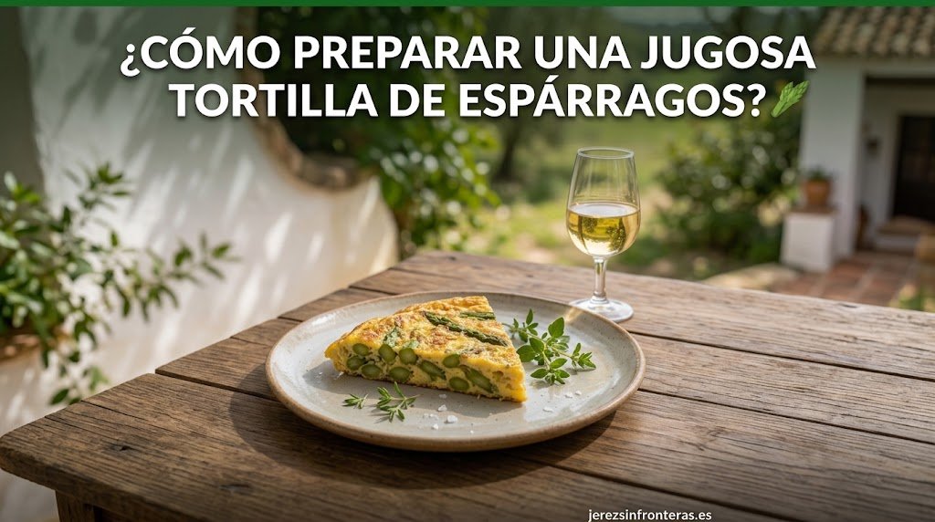 Porción de tortilla de espárragos trigueros junto a una copa de vino fino sobre mesa de madera en patio andaluz.