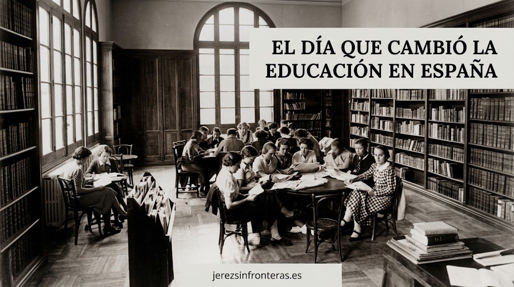 Fotografía histórica en blanco y negro de alumnas universitarias reunidas estudiando en la biblioteca con el titular El día que cambió la educación en España.