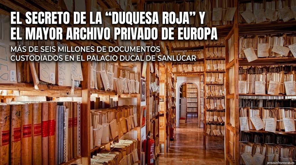 Estanterías de madera repletas de legajos y documentos históricos clasificados en el Archivo de Medina Sidonia del Palacio Ducal de Sanlúcar de Barrameda.