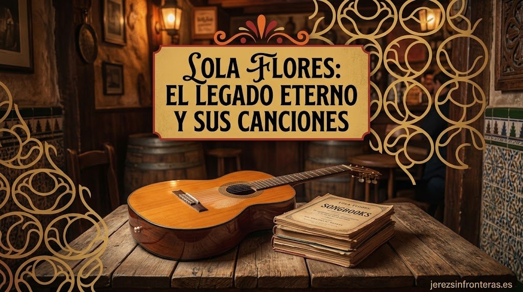 Guitarra flamenca y cancionero sobre mesa de madera en una taberna andaluza para el artículo sobre Lola Flores