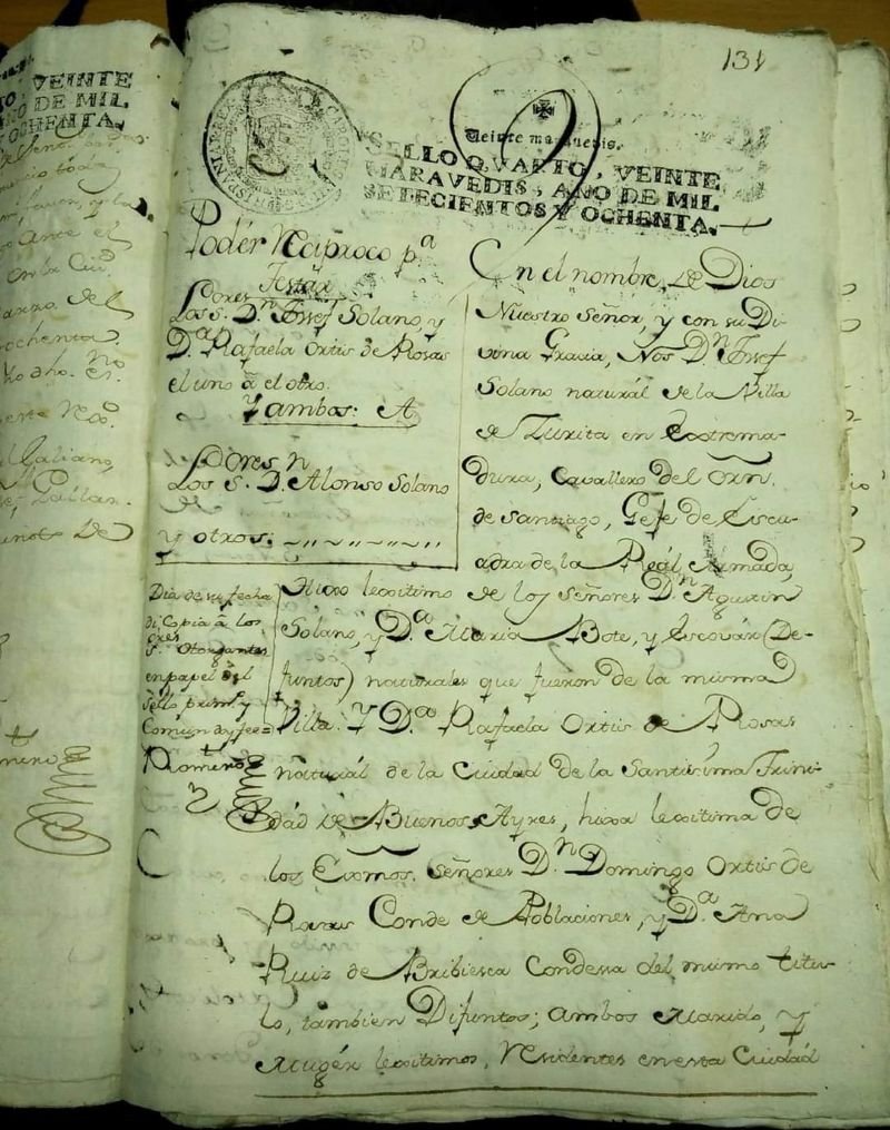 Manuscrito histórico del poder recíproco firmado en Cádiz en 1780 por José Solano y Bote y su esposa Rafaela Ortiz de Rozas en papel del Sello Cuarto. 