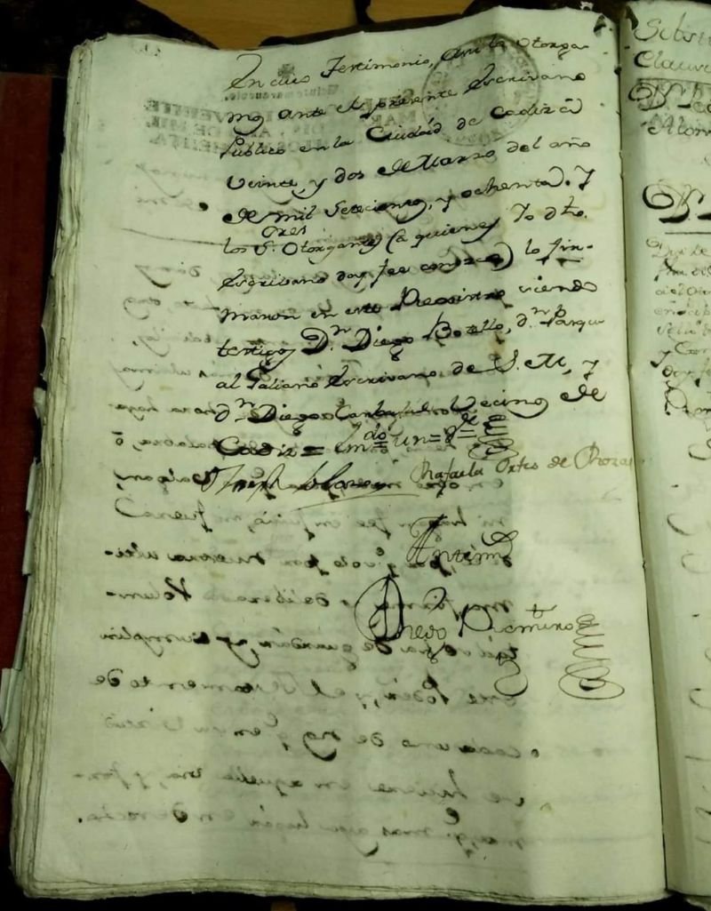 Página final del protocolo notarial de 1780 con las firmas manuscritas de José Solano, Rafaela Ortiz de Rozas y los testigos en Cádiz. 