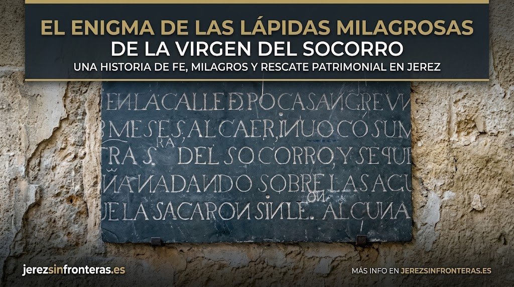 Lápida exvoto de pizarra grabada del siglo XVII expuesta en el Museo Arqueológico de Jerez con titular superpuesto de jerezsinfronteras.es.