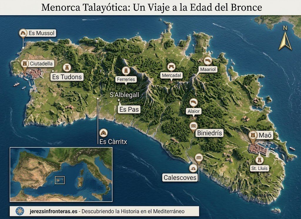 Ilustración en perspectiva aérea 3D de la isla de Menorca sobre fondo marino azul, recreando su geografía durante la Edad del Bronce. La isla muestra un relieve montañoso verde con vegetación mediterránea, caminos de tierra y pequeños asentamientos talayóticos. Sobre el mapa destacan etiquetas de ubicación estilo cartográfico con texto en blanco sobre fondo claro, señalando puntos clave como Cova des Càrritx, Es Tudons, Ciutadella y Maó. En la esquina inferior izquierda se incluye un mapa de localización del mar Mediterráneo. En la parte superior figura el título "Menorca Talayótica: Un Viaje a la Edad del Bronce" y en la franja inferior inferior el distintivo de jerezsinfronteras.es.