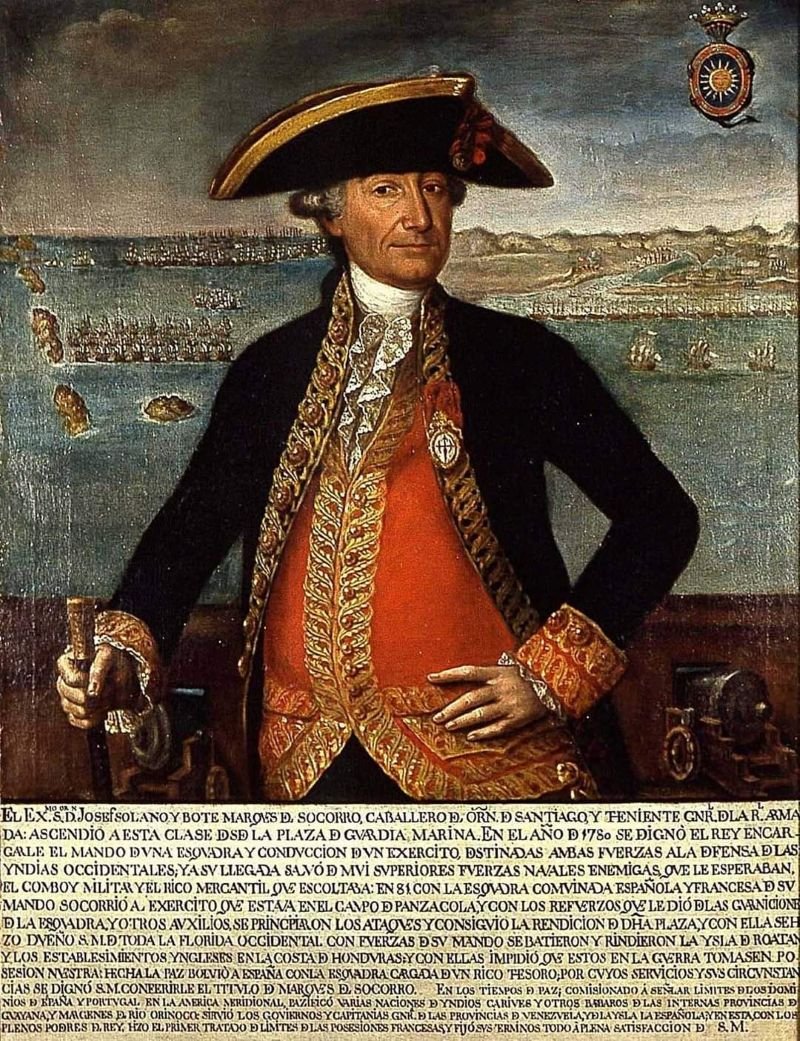 Retrato histórico al óleo de José Solano y Bote, Marqués del Socorro y teniente general de la Real Armada, con uniforme militar de época y una inscripción inferior que detalla su hoja de servicios.