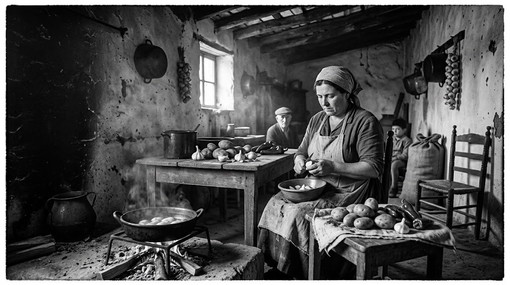 Imagen histórica en blanco y negro de una cocina humilde en la posguerra de la campiña de Jerez, donde una mujer prepara ingredientes locales como patatas, ajos y pimientos para elaborar un guiso tradicional.