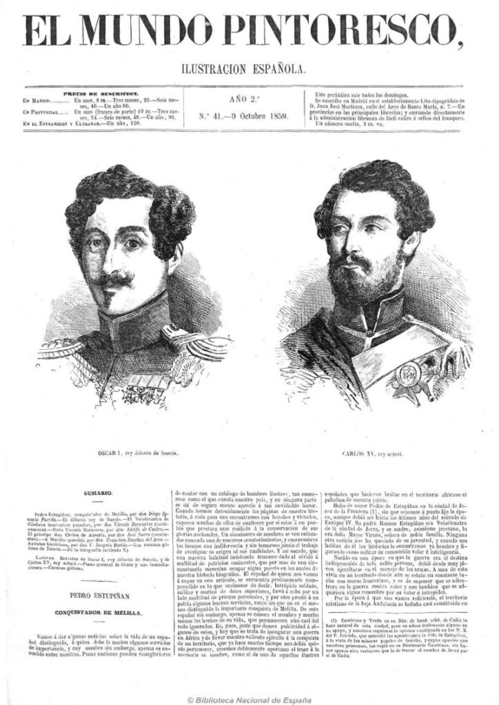 Portada y primera página del artículo sobre Pedro Estupiñán, conquistador de Melilla, publicado en la revista El Mundo Pintoresco el 9 de octubre de 1859.