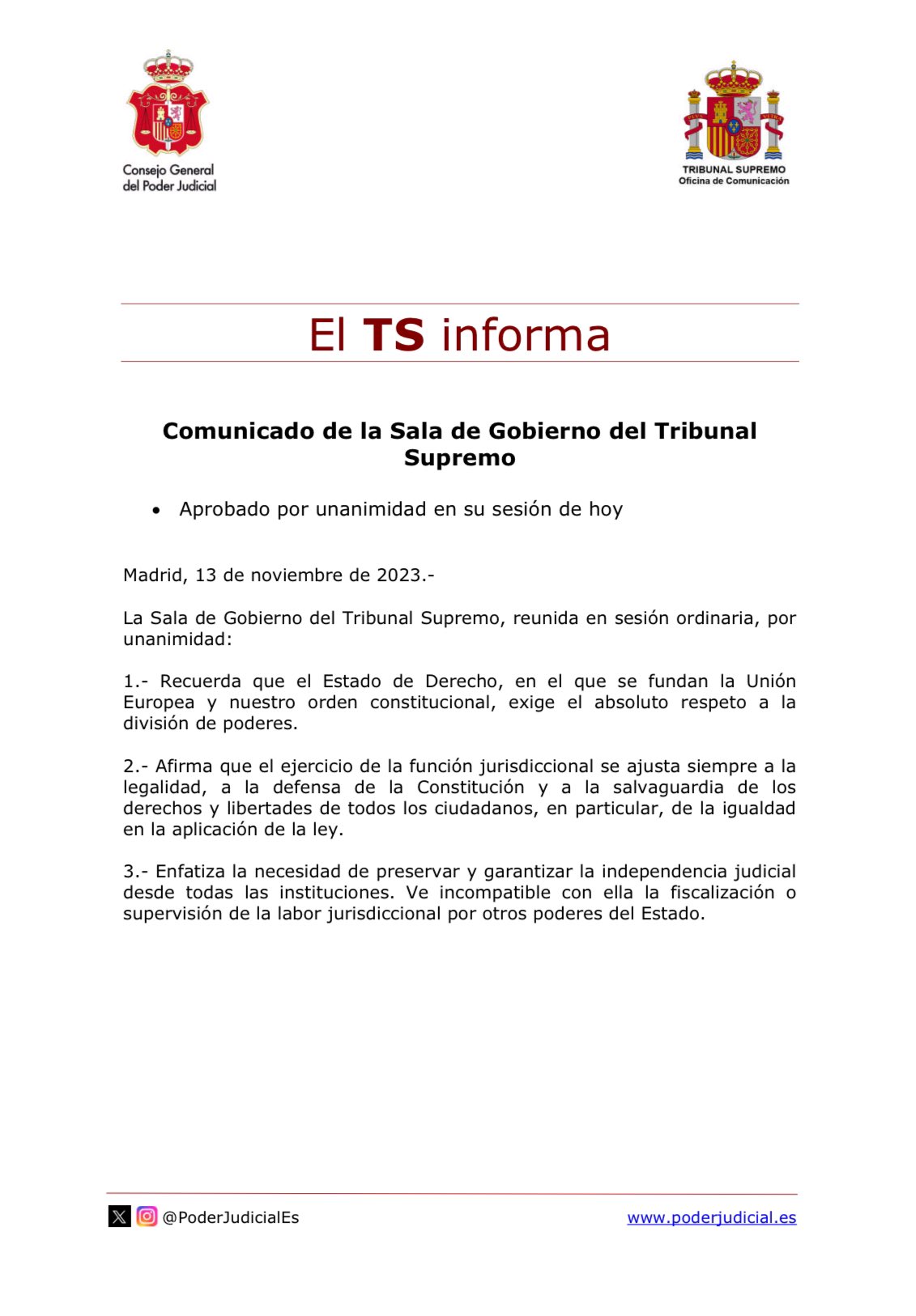 Comunicado de la Sala de Gobierno del Tribunal Supremo