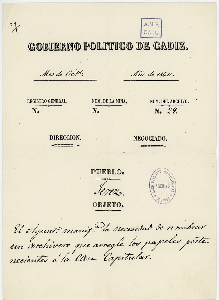 Portada del expediente del Gobierno Político de Cádiz de 1840 sobre la necesidad de nombrar un archivero en Jerez.