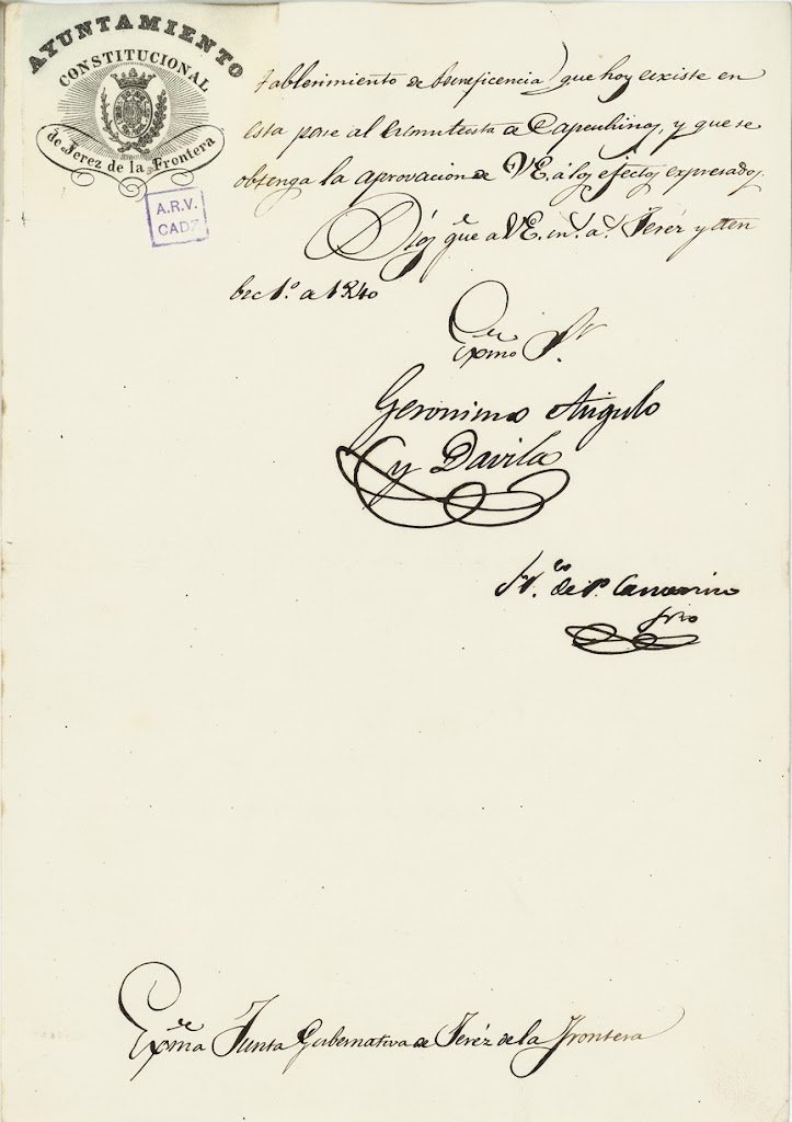 Cierre manuscrito del expediente de 1840 con la firma autorizada de Jerónimo Angulo y Dávila y el sello oficial del Ayuntamiento Constitucional de Jerez.