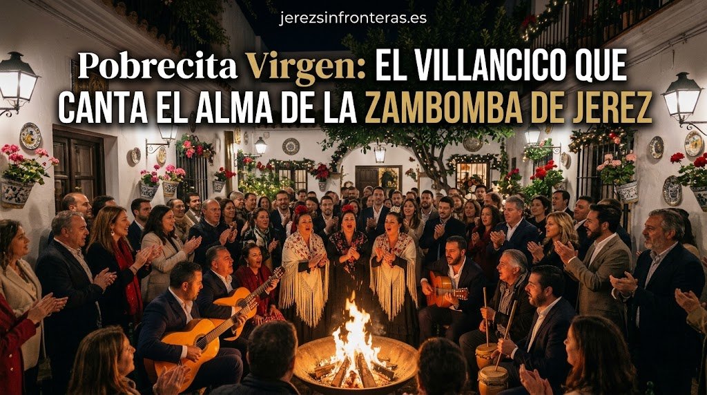 Zambomba navideña tradicional en un patio jerezano con gente cantando alrededor de la hoguera para ilustrar la historia del villancico Pobrecita Virgen en Jerez.