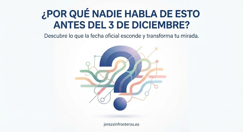 Gráfico conceptual de intriga para web con el titular "¿POR QUÉ NADIE HABLA DE ESTO ANTES DEL 3 DE DICIEMBRE?" sobre un gran signo de interrogación azul y líneas abstractas de conexión.