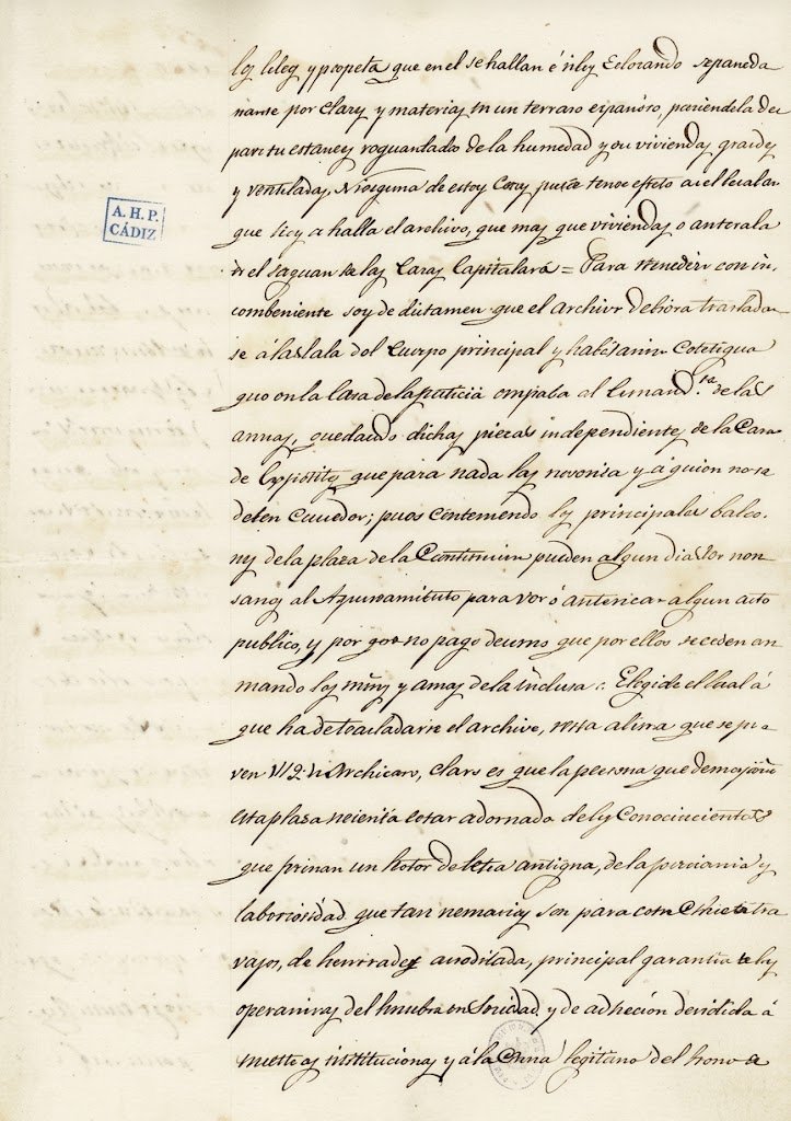 Folio manuscrito de 1840 con las instrucciones del Ayuntamiento de Jerez para trasladar los legajos del zaguán capitular a la Casa de la Justicia.