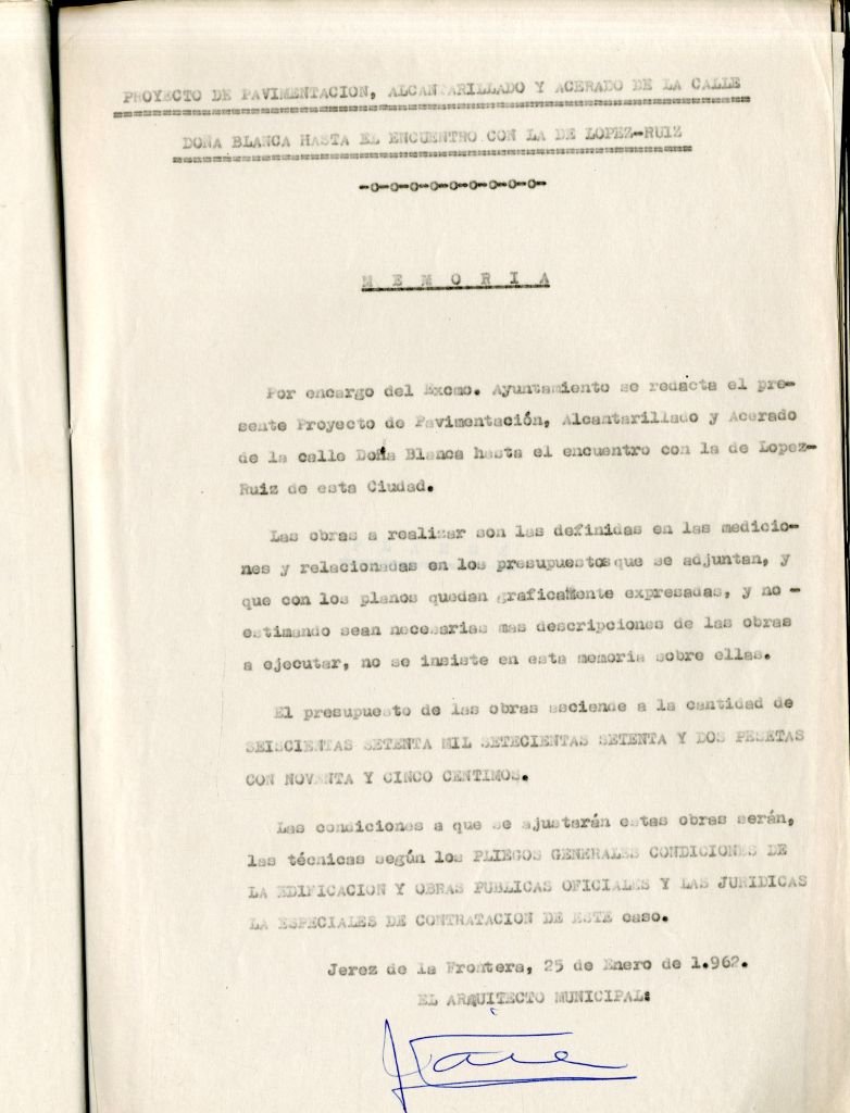 Documento de la memoria del proyecto de pavimentación firmado por el Arquitecto Municipal en 1962.