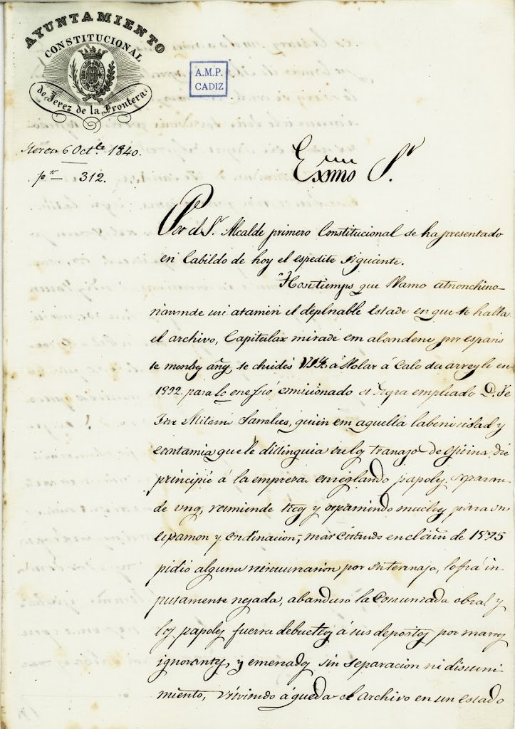 Manuscrito oficial de 1840 del Ayuntamiento Constitucional de Jerez relatando el abandono del archivo capitular tras la renuncia de José Antonio Sánchez.
