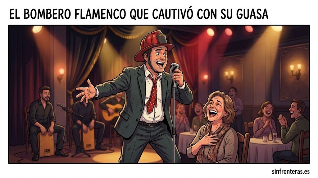 Ilustración de Nano de Jerez cantando bulerías con casco de bombero mientras una mujer del público se ríe a carcajadas.