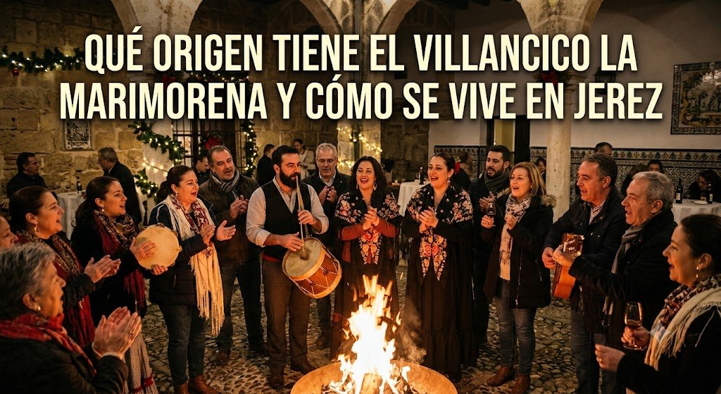 Grupo cantando villancicos en una zambomba tradicional en Jerez de la Frontera alrededor de una hoguera.