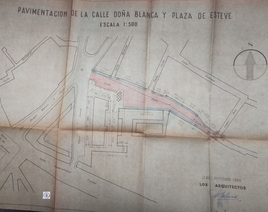 Plano técnico de 1960 del proyecto de pavimentación de la calle Doña Blanca y Plaza Esteve en Jerez.