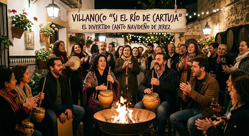 Un grupo de jerezanos cantando y tocando zambombas alrededor de una hoguera en un patio andaluz decorado, ilustrando el villancico Si el río de Cartuja.