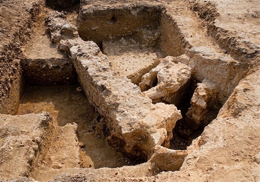 Vista cenital en detalle de una cata de excavación arqueológica en Asta Regia, mostrando muros de mampostería antigua, cortes estratigráficos y estructuras de piedra al descubierto.