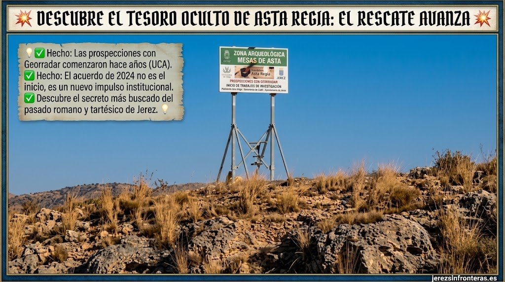 Cartel oficial de la Zona Arqueológica de Mesas de Asta instalado sobre el terreno del yacimiento de Asta Regia en la campiña de Jerez de la Frontera, bajo un cielo despejado.