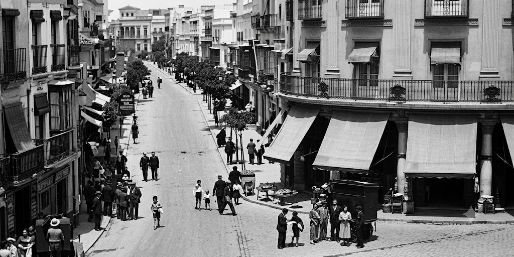 Una fotografía en blanco y negro de alta resolución de una calle concurrida en Jerez de la Frontera, España, en la década de 1930. La imagen muestra la arquitectura histórica de la ciudad, personas con ropa de época, carros de caballos y tiendas locales, capturando la vida cotidiana de principios del siglo XX.