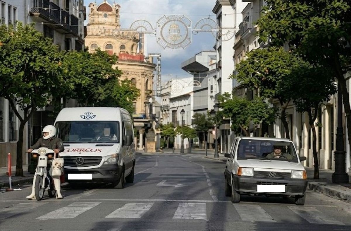 Fotografía de la Calle Larga de Jerez de la Frontera con tráfico y decoraciones navideñas. Se ve un cartero en moto, una furgoneta de Correos y un Fiat Panda clásico con matrícula de Cádiz circulando por la calle peatonal. Al fondo destaca la torre del reloj y edificios históricos bajo un cielo parcialmente nublado.