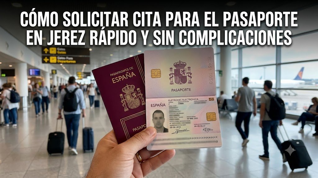 Pasaporte español abierto en primer plano con el titular sobre cómo solicitar cita para el pasaporte en Jerez rápido y sin complicaciones.