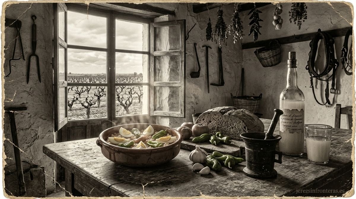 Fotografía en sepia de estética antigua que recrea el origen histórico del ajo caliente jerezano en la casa de campo de una viña: lebrillo de barro con el guiso humeante, mortero de hierro, pan de telera, ajos, pimientos y botella de mosto sobre una mesa de madera rústica frente a una ventana con vistas al viñedo. 