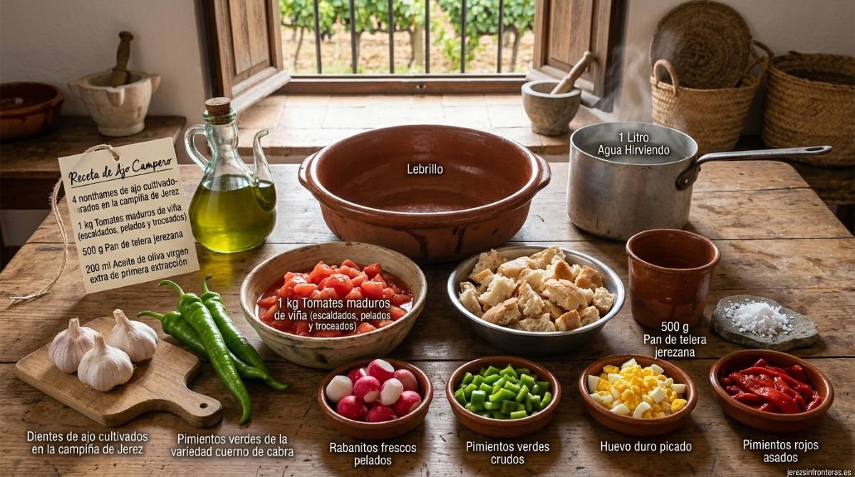 Una fotografía cenital de estilo gastronómico rústico que muestra los ingredientes tradicionales organizados para la receta del Ajo Campero de Jerez. Sobre una mesa de madera de campo al lado de una ventana con vistas a la campiña de Jerez, se exhiben en cuencos de barro y platos artesanales: 4 dientes de ajo frescos, 3 pimientos verdes de la variedad cuerno de cabra, 1 kg de tomates maduros pelados y troceados, 500 g de pan de telera jerezana troceado, una aceitera de cristal con 200 ml de aceite de oliva virgen extra, sal gorda y una olla metálica humeante con agua hirviendo junto a un gran lebrillo de barro. En la parte inferior se distribuyen los acompañamientos tradicionales en cazuelitas pequeñas: rabanitos frescos pelados, pimientos verdes picados, huevo duro picado y tiras de pimientos rojos asados. Una etiqueta de papel kraft a la izquierda muestra la lista de la receta escrita a mano. En la esquina inferior derecha aparece la marca de agua jerezsinfronteras.es. 
