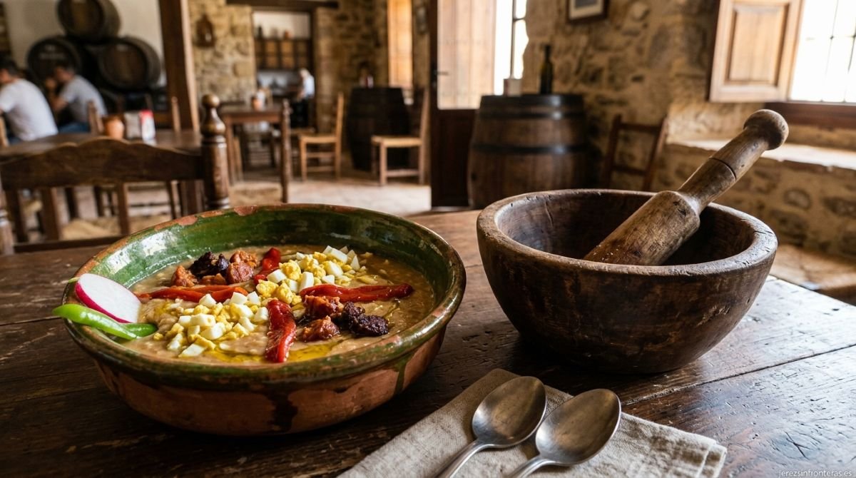 Lebrillo de barro con ajo caliente jerezano guarnecido con huevo, pimiento asado y chacinas, junto a un dornillo de madera con machacaera en una bodega tradicional. 