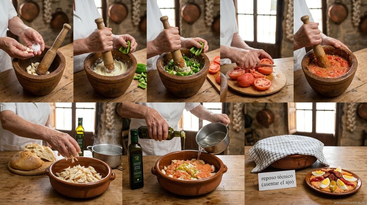 Secuencia paso a paso para la elaboración del ajo caliente de Jerez: majado de ajos y sal en almirez de madera, incorporación de pimientos verdes y tomates picados, migado de pan de campo en lebrillo de barro, vertido de aceite de oliva y agua caliente, reposo del plato y presentación final decorado con huevo duro, rábano y pimiento. 