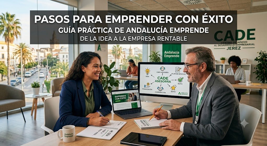 Un asesor de Andalucía Emprende en una oficina del CADE en Jerez, con vistas a la ciudad y la Giralda, explica el proceso de creación de una empresa a una joven emprendedora. En la pantalla del ordenador se muestra un diagrama con los pasos clave: Idea, Asesoría CADE, Plan de Negocio, Financiación, Cooperación y Éxito. En la parte superior de la imagen, un banner oscuro con texto blanco dice: "PASOS PARA EMPRENDER CON ÉXITO. GUÍA PRÁCTICA DE ANDALUCÍA EMPRENDE. DE LA IDEA A LA EMPRESA RENTABLE".