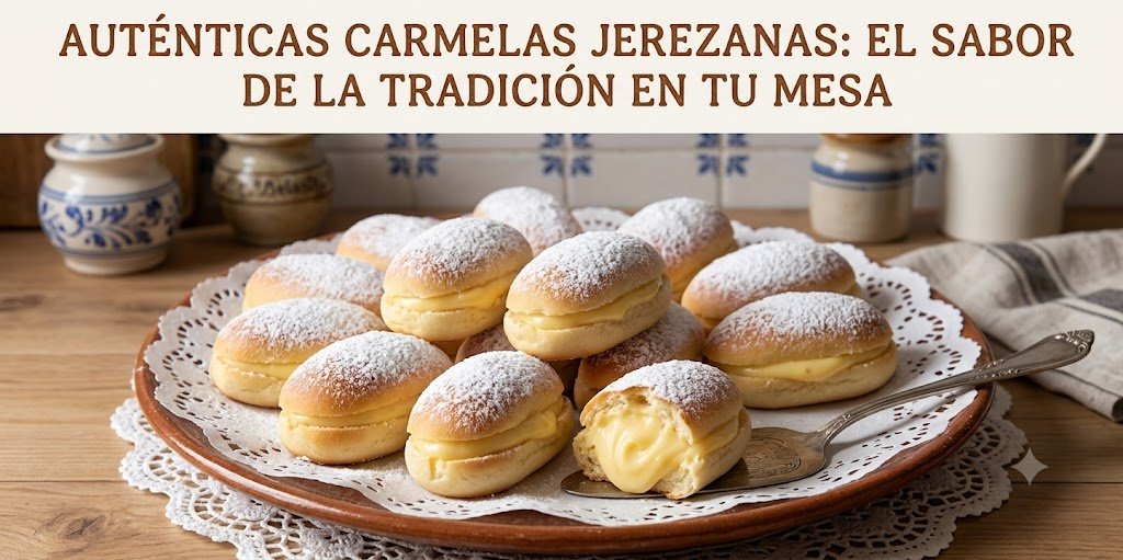 Bandeja de cerámica rústica con una montaña de Carmelas de Jerez caseras repletas de crema y azúcar glas, listas para servir