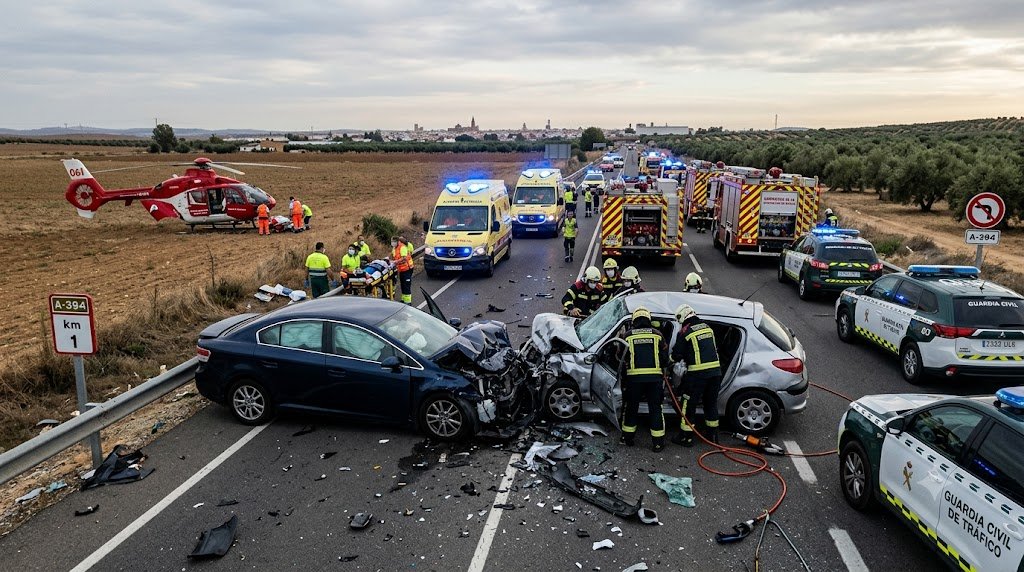 Fotografía aérea de un grave accidente de tráfico en una carretera de dos carriles, donde dos turismos han chocado frontalmente en el kilómetro 1. Múltiples equipos de emergencia están presentes: un helicóptero médico está aterrizando en un campo adyacente, varias ambulancias con luces azules y coches de la Guardia Civil están estacionados en la carretera. Bomberos con uniformes reflectantes están trabajando para liberar a una persona atrapada en uno de los vehículos accidentados. La escena es de alta tensión y despliegue de rescate en un entorno rural de campos de olivos.