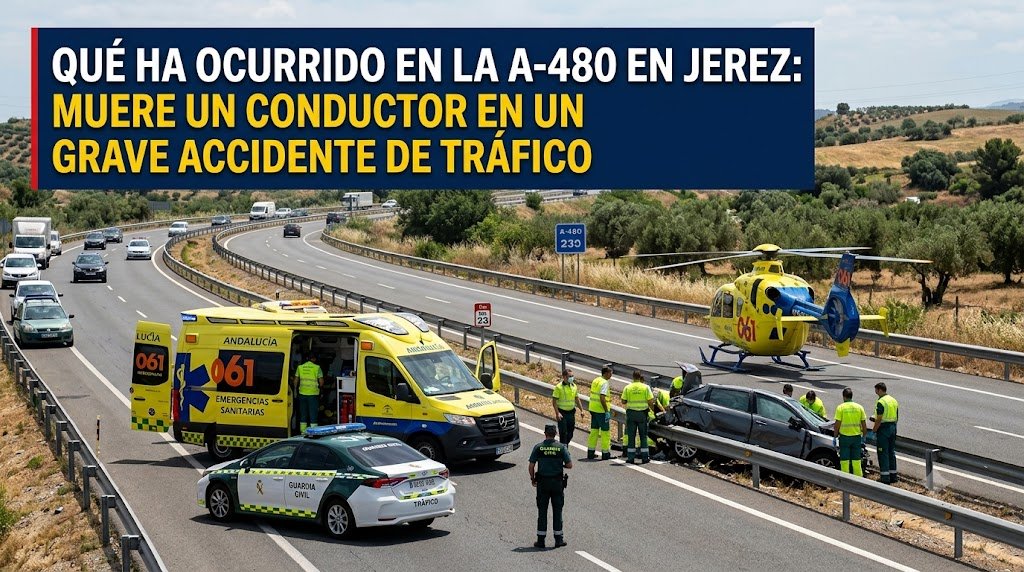 Imagen de emergencia en la autovía A-480 en Jerez, mostrando una ambulancia del 061, un coche de la Guardia Civil de Tráfico, un helicóptero sanitario y personal de emergencia atendiendo la zona del accidente cerca de un vehículo accidentado. El titular superpuesto dice: Qué ha ocurrido en la A-480 en Jerez: Muere un conductor en un grave accidente de tráfico.