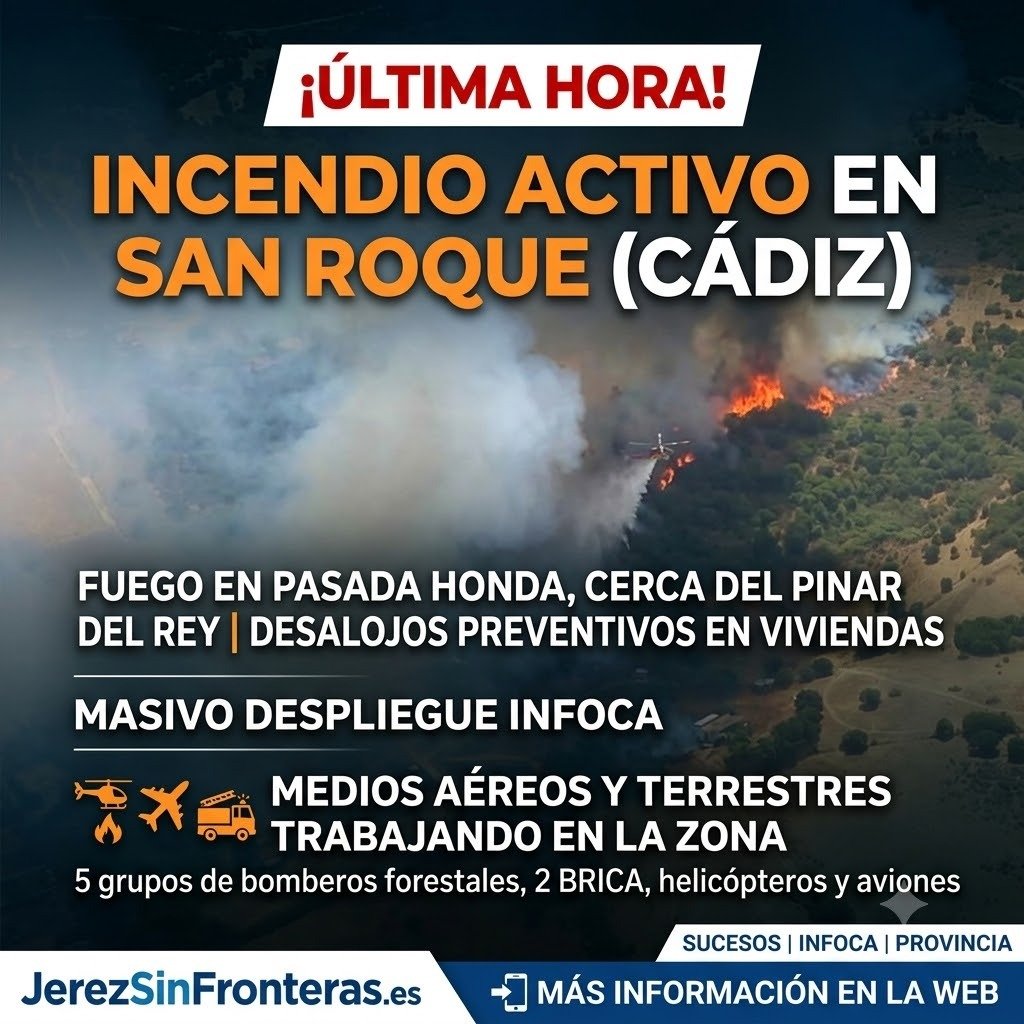 Gráfico informativo urgente para Instagram de JerezSinFronteras.es sobre un incendio forestal activo en San Roque (Cádiz), con texto destacado "¡ÚLTIMA HORA!" e "INCENDIO ACTIVO", detallando desalojos preventivos en Pasada Honda y el despliegue masivo del INFOCA con medios aéreos y terrestres, sobre una imagen aérea de un helicóptero luchando contra el fuego y el humo.