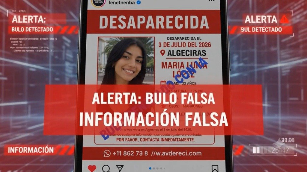 Pantalla de teléfono móvil que muestra una alerta de "Desaparecida" para María Luisa López, supuestamente desaparecida en Algeciras el 3 de julio de 2026. Sobre la imagen, hay un gran banner rojo superpuesto con el texto en mayúsculas: "ALERTA: BULO FALSA INFORMACIÓN FALSA". El fondo de la pantalla es rojo con advertencias adicionales de "ALERTA: BULO DETECTADO".