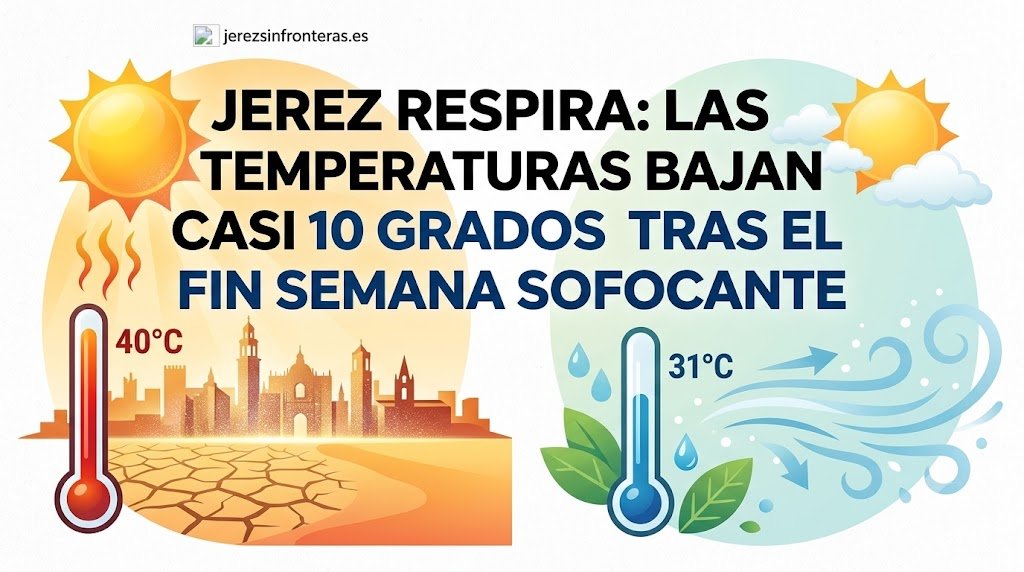 Infografía sobre la bajada de temperaturas en Jerez de 40ºC a 31ºC con brisa de poniente.