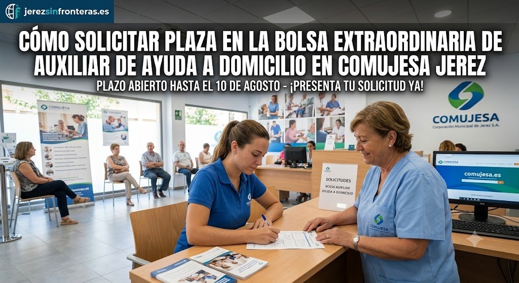 Fotografía del interior de una oficina de Comujesa en Jerez donde una mujer joven rellena una solicitud en el mostrador mientras otra empleada la asiste, con carteles informativos sobre la bolsa de empleo al fondo.