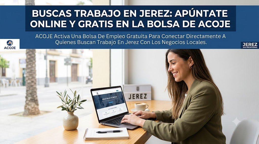 Banner principal del artículo sobre la bolsa de empleo de Acoje en Jerez. Muestra una cabecera azul con el titular: 'BUSCAS TRABAJO EN JEREZ: APÚNTATE ONLINE Y GRATIS EN LA BOLSA DE ACOJE'. Debajo, una mujer sonriente trabaja con un ordenador portátil en una cafetería luminosa cerca de una ventana con vistas a una calle de Jerez. En el portátil se distingue el logotipo de 'ACOJE BOLSA DE EMPLEO'. Se incluyen los logotipos de Acoje y Jerez Sin Fronteras.