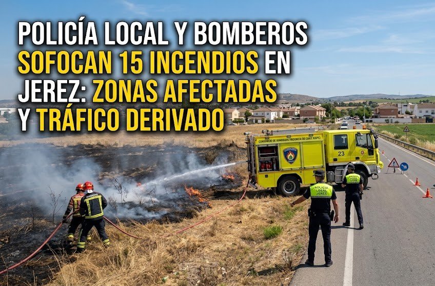 Camión de bomberos amarillo del Consorcio Provincial extinguiendo un incendio de pastos junto a la Policía Local en Jerez.