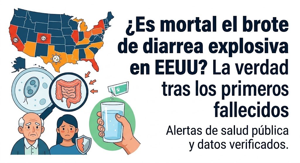 Infografía con un mapa de Estados Unidos y el titular "¿Es mortal el brote de diarrea explosiva en EEUU? La verdad tras los primeros fallecidos", junto a ilustraciones médicas y un vaso de agua.