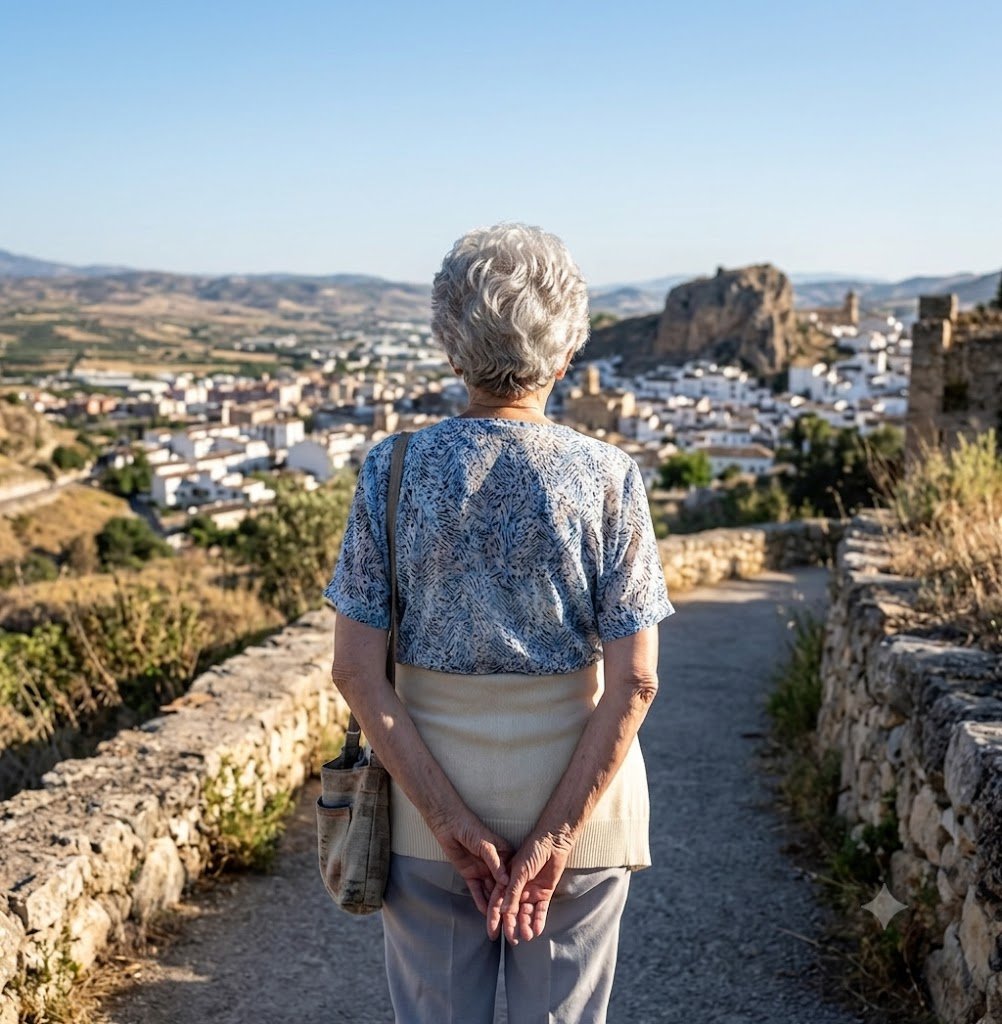 Fotografía de espaldas de una mujer mayor con cabello canoso y corto, vestida con una blusa azul estampada y chaleco beige, mirando hacia el pueblo de Loja en Granada. Esta imagen evoca la ausencia y la búsqueda de Antonia A. A.