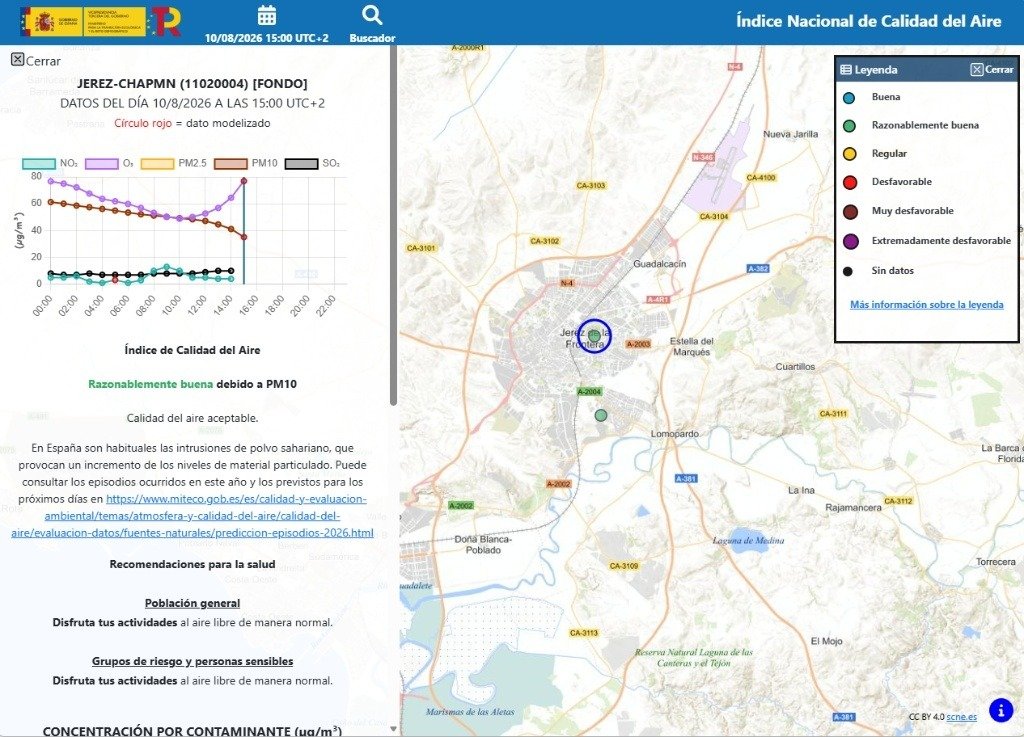 Captura de pantalla de la plataforma oficial del Índice Nacional de Calidad del Aire del Ministerio para la Transición Ecológica y el Reto Demográfico (MITECO) con el mapa y los datos de Jerez-Chapín a las 15:00 UTC+2 del 10/08/2026.