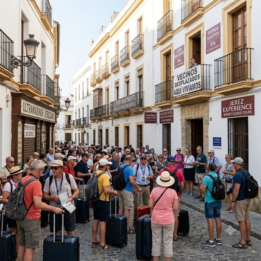Turistas con maletas ocupando una calle del centro histórico de Jerez, con carteles en balcones de viviendas turísticas y una pancarta de vecinos desplazados.
