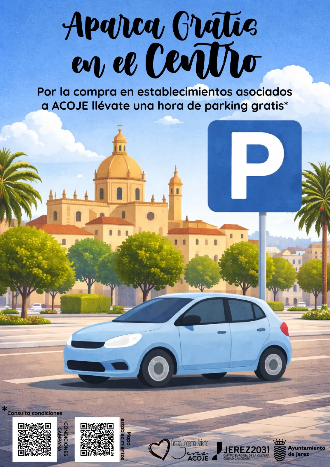 Cartel promocional de la campaña Aparca Gratis en el Centro de la asociación de comerciantes Acoje en Jerez de la Frontera, con la ilustración de un coche azul y una señal de parking.