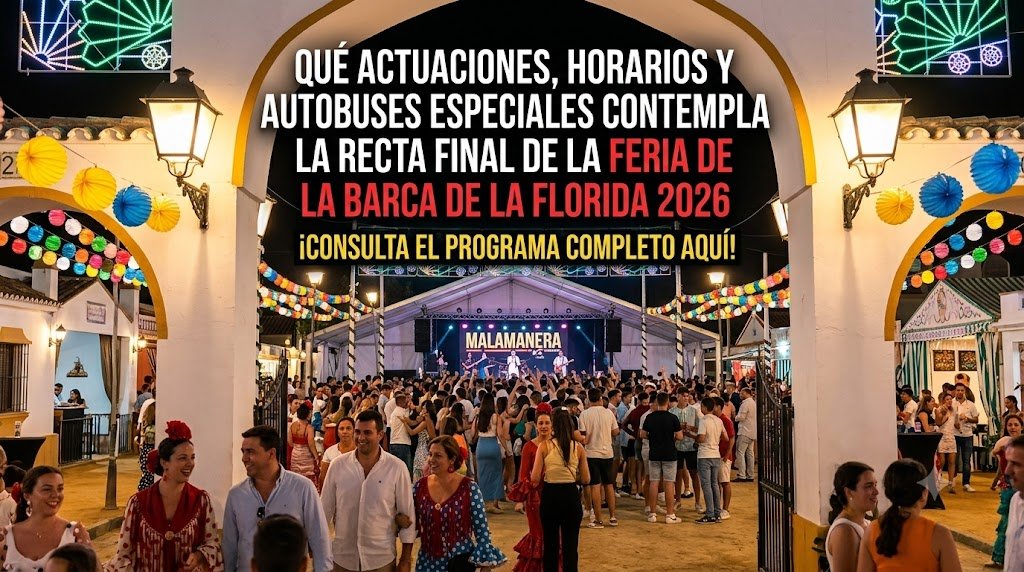 Cartel con el titular SEO sobre una imagen del recinto ferial de La Barca de la Florida decorado con farolillos y un concierto al fondo